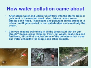 How water pollution came about After storm water and urban run off flow into the storm drain, it gets sent to the nearest creek, river, lake or ocean so our streets don’t flood. That means any pollutant on the street or in urban runoff gets carried to our waterbodies and eventually the ocean.` Can you imagine swimming in all the gross stuff that on our streets? Soaps, grass clipping, trash, pet waste, pesticides and fertilizers, dirt and oil are just some of the pollutants that make our water unhealthy for people and other animals. 