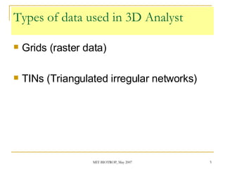 Types of data used in 3D Analyst Grids (raster data) TINs (Triangulated irregular networks) 