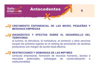 Antecedentes
CRECIMIENTO EXPONENCIAL DE LAS MICRO, PEQUEÑAS Y
MEDIANAS EMPRESAS
DIAGNÓSTICO Y EFECTOS SOBRE EL DESARROLLO DEL
TERRITORIO.
el turismo, la citricultura, la horticultura, el comercio y otros servicios
ocupan los primeros lugares en el ranking de priorización de sectores
productivos con margen de acción local efectiva.
RESTRICCIONES Y DEMANDAS DE LAS MIPYMES
conducta empresarial, formación de recursos humanos, acceso a
mercados potenciales, estrategias de comercialización e
institucionalidad.
1
 