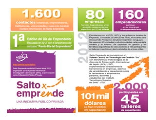 contactos (empresas, emprendedores,
instituciones, universidades y asesores locales)
reciben información de Salto Emprende
 