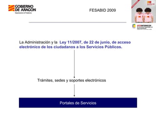 FESABID 2009 La Administración y la  Ley 11/2007, de 22 de junio, de acceso electrónico de los ciudadanos a los Servicios Públicos. Trámites, sedes y soportes electrónicos Portales de Servicios 