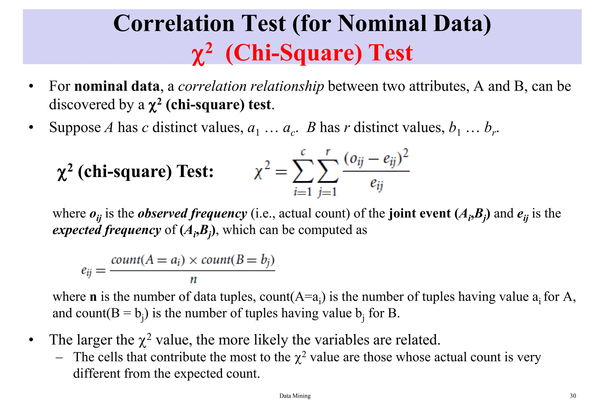 Correlation Test (for Nominal Data)
2 (Chi-Square) Test
• For nominal data, a correlation relationship between two attributes, A and B, can be
discovered by a 2 (chi-square) test.
• Suppose A has c distinct values, a1 … ac. B has r distinct values, b1 … br.
where oij is the observed frequency (i.e., actual count) of the joint event (Ai,Bj) and eij is the
expected frequency of (Ai,Bj), which can be computed as
where n is the number of data tuples, count(A=ai) is the number of tuples having value ai for A,
and count(B = bj) is the number of tuples having value bj for B.
• The larger the 2 value, the more likely the variables are related.
– The cells that contribute the most to the 2 value are those whose actual count is very
different from the expected count.
Data Mining 30
2 (chi-square) Test:
 