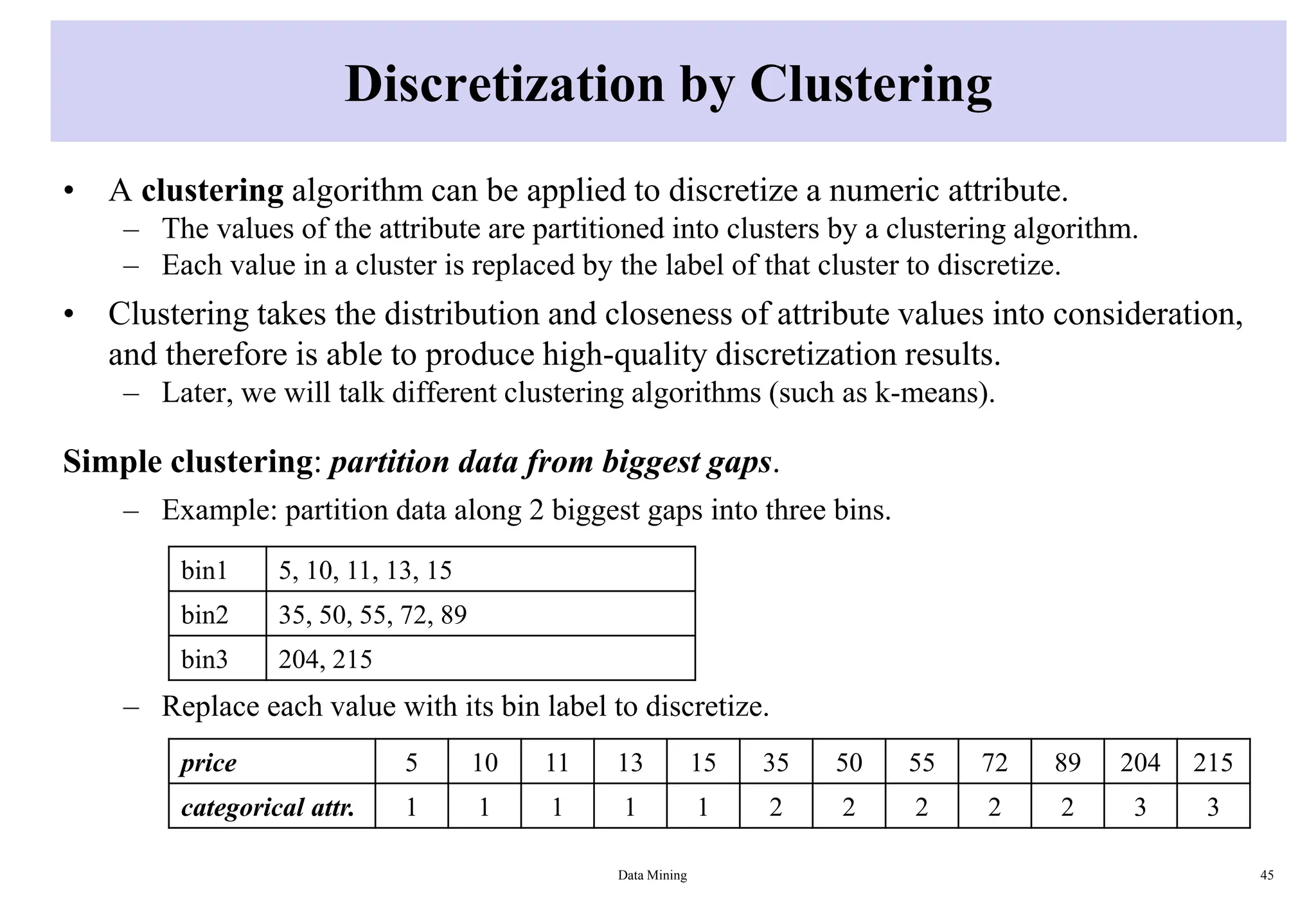Discretization by Clustering
• A clustering algorithm can be applied to discretize a numeric attribute.
– The values of the attribute are partitioned into clusters by a clustering algorithm.
– Each value in a cluster is replaced by the label of that cluster to discretize.
• Clustering takes the distribution and closeness of attribute values into consideration,
and therefore is able to produce high-quality discretization results.
– Later, we will talk different clustering algorithms (such as k-means).
Simple clustering: partition data from biggest gaps.
– Example: partition data along 2 biggest gaps into three bins.
– Replace each value with its bin label to discretize.
Data Mining 45
bin1 5, 10, 11, 13, 15
bin2 35, 50, 55, 72, 89
bin3 204, 215
price 5 10 11 13 15 35 50 55 72 89 204 215
categorical attr. 1 1 1 1 1 2 2 2 2 2 3 3
 