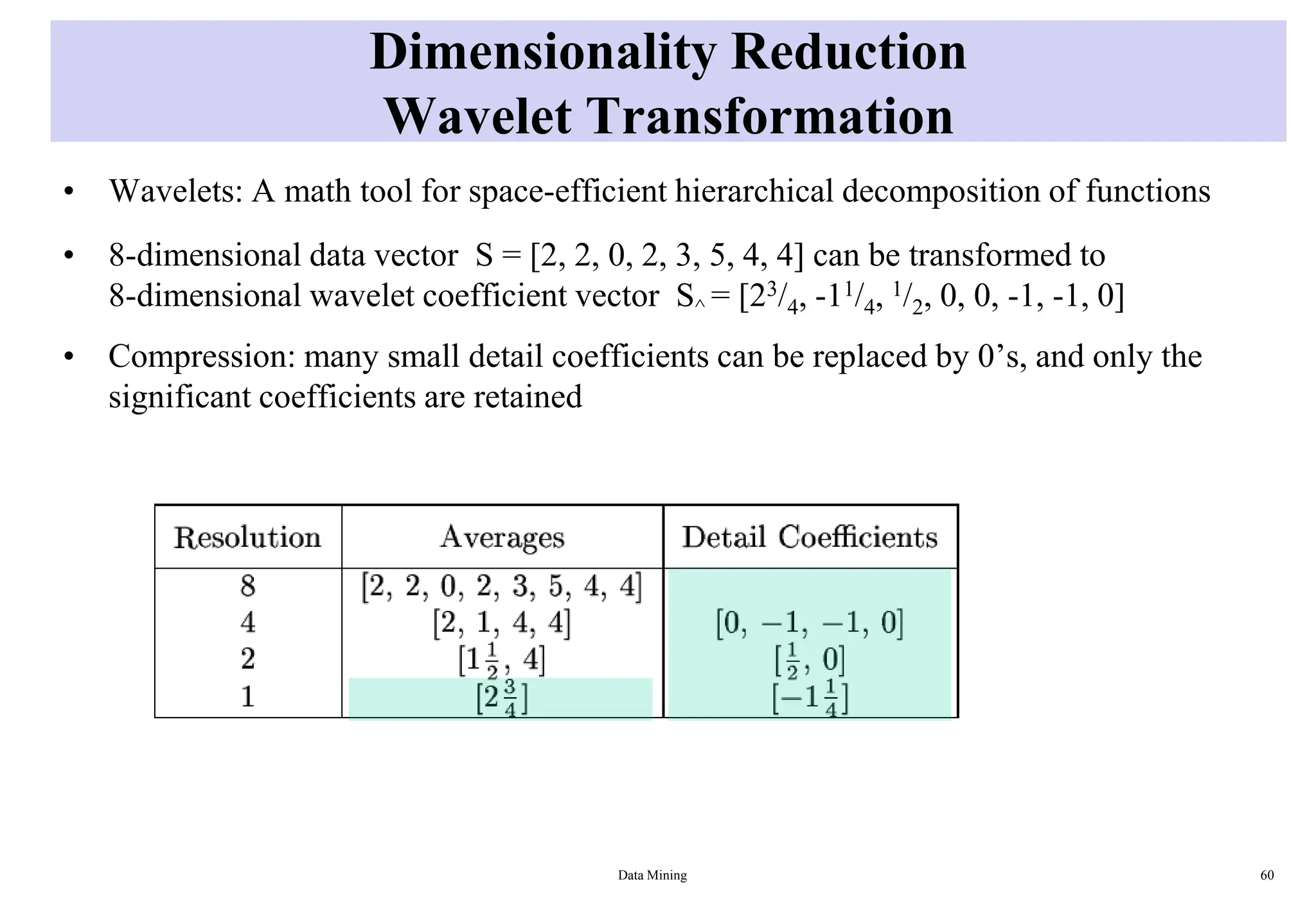 Dimensionality Reduction
Wavelet Transformation
• Wavelets: A math tool for space-efficient hierarchical decomposition of functions
• 8-dimensional data vector S = [2, 2, 0, 2, 3, 5, 4, 4] can be transformed to
8-dimensional wavelet coefficient vector S^ = [23/4, -11/4, 1/2, 0, 0, -1, -1, 0]
• Compression: many small detail coefficients can be replaced by 0’s, and only the
significant coefficients are retained
Data Mining 60
 