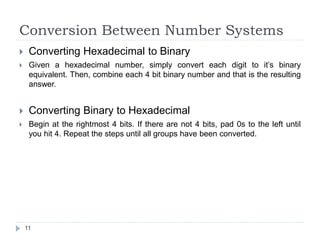 Conversion Between Number Systems 
 Converting Hexadecimal to Binary 
 Given a hexadecimal number, simply convert each digit to it’s binary 
equivalent. Then, combine each 4 bit binary number and that is the resulting 
answer. 
 Converting Binary to Hexadecimal 
 Begin at the rightmost 4 bits. If there are not 4 bits, pad 0s to the left until 
you hit 4. Repeat the steps until all groups have been converted. 
11 
 