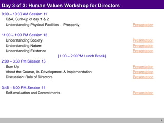 5
Day 3 of 3: Human Values Workshop for Directors
9:00 – 10:30 AM Session 11
Q&A, Sum-up of day 1 & 2
Understanding Physic...