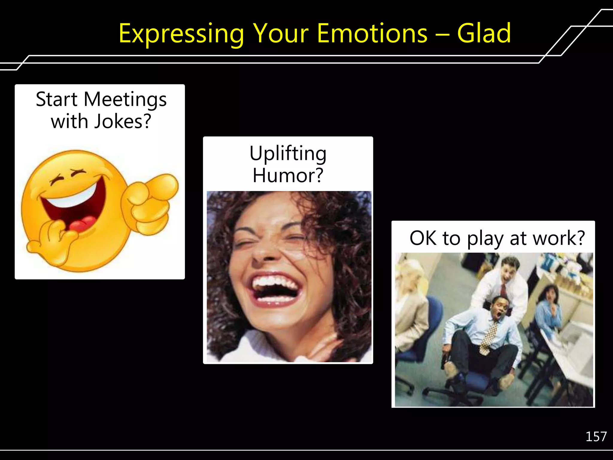 Expressing Your Emotions – Glad
Start Meetings
with Jokes?
Uplifting
Humor?

OK to play at work?

157

 