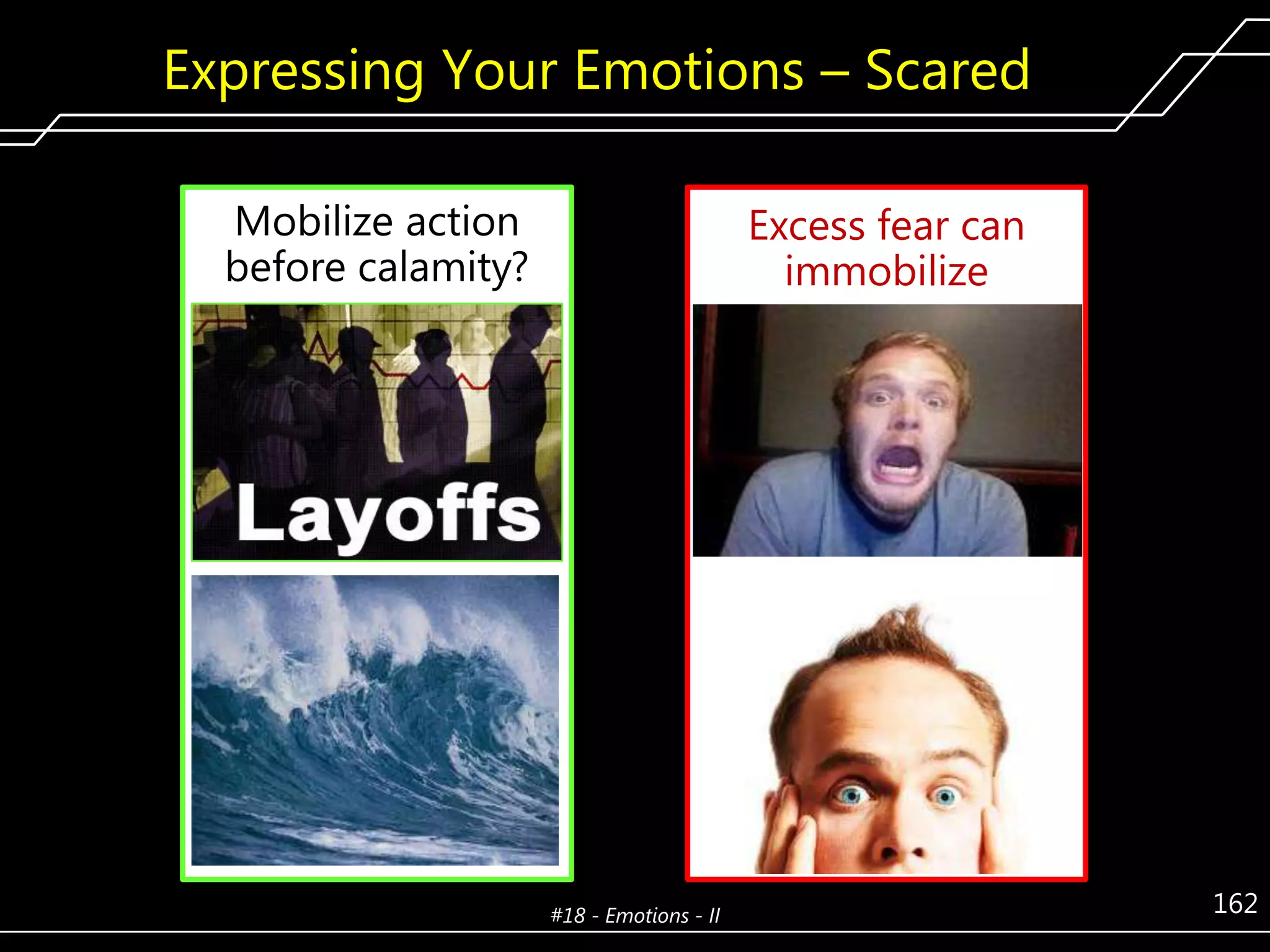 Expressing Your Emotions – Scared
Mobilize action
before calamity?

Excess fear can
immobilize

#18 - Emotions - II

162

 