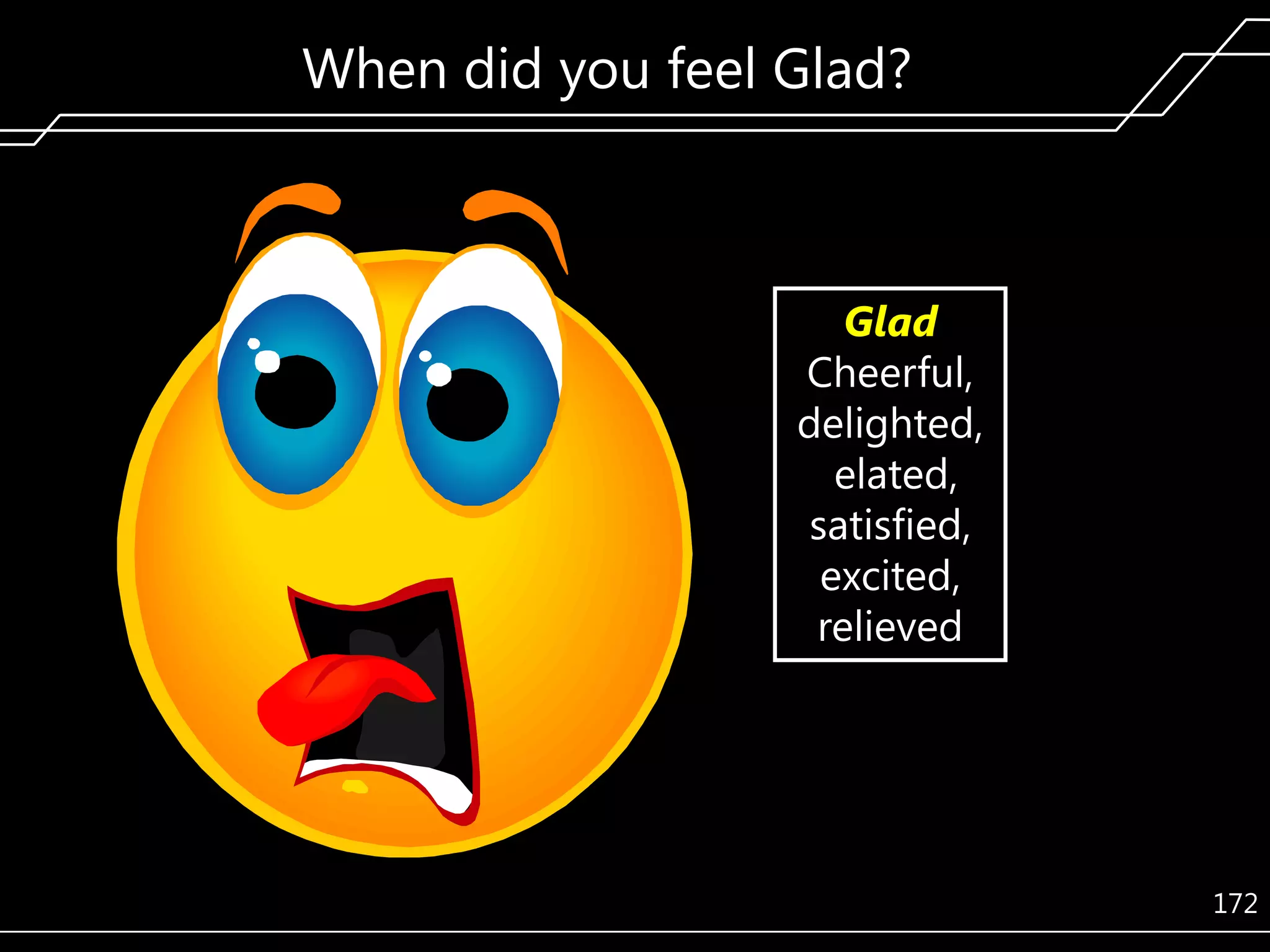 When did you feel Glad?

Glad
Cheerful,
delighted,
elated,
satisfied,
excited,
relieved

172

 