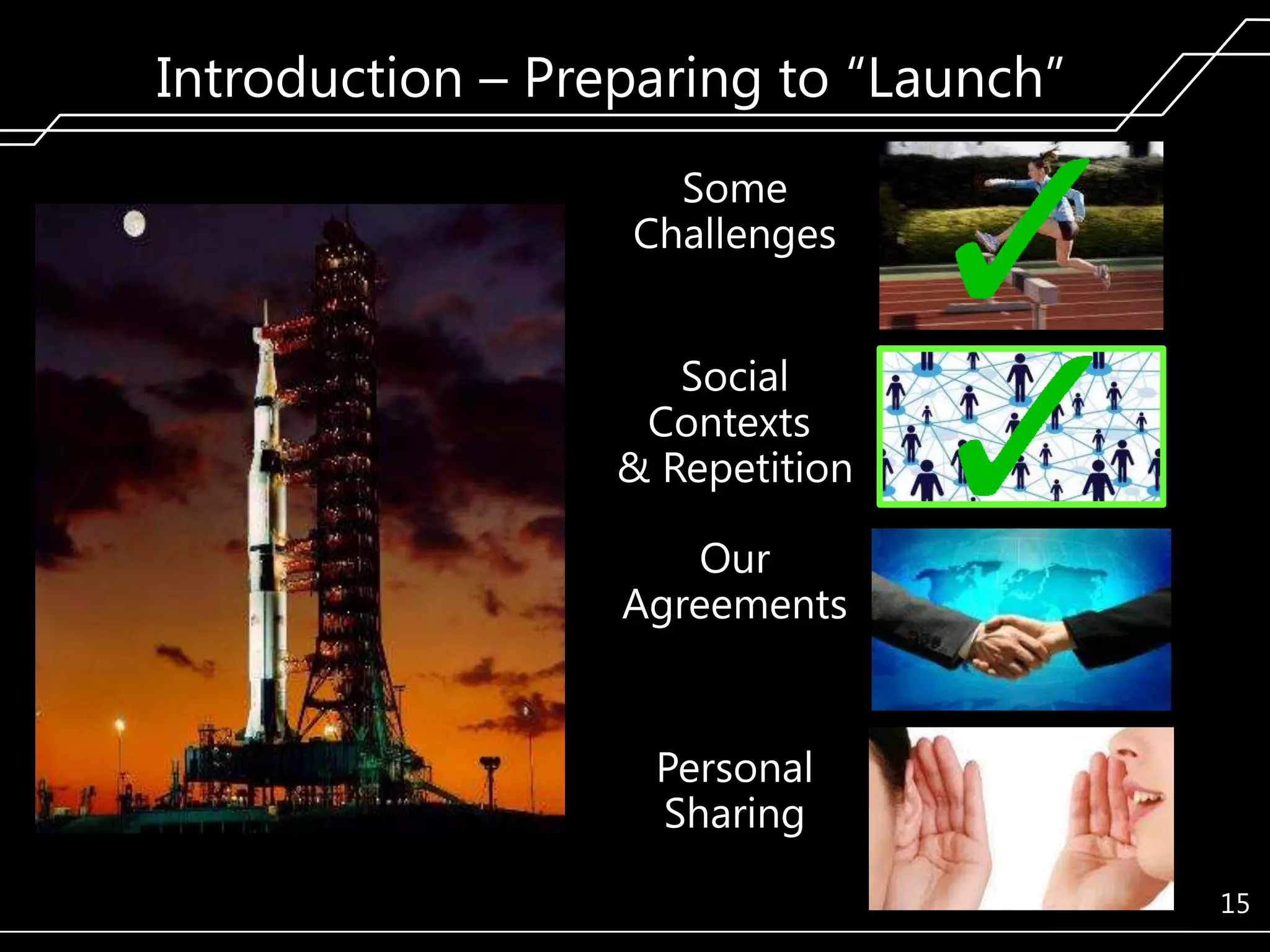 Introduction – Preparing to ―Launch‖
Some
Challenges
Social
Contexts
& Repetition
Our
Agreements

Personal
Sharing
15

 
