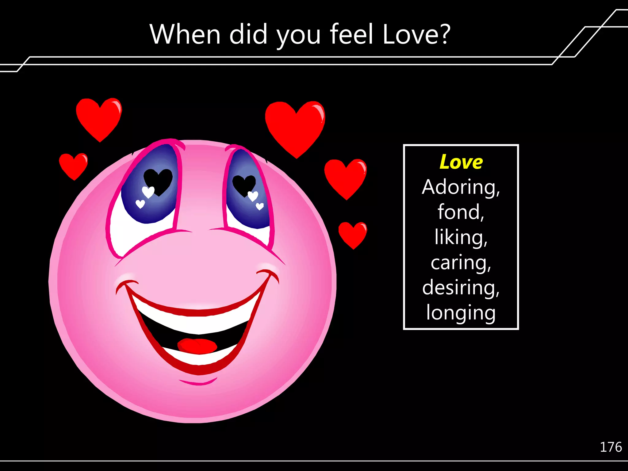 When did you feel Love?

Love
Adoring,
fond,
liking,
caring,
desiring,
longing

176

 