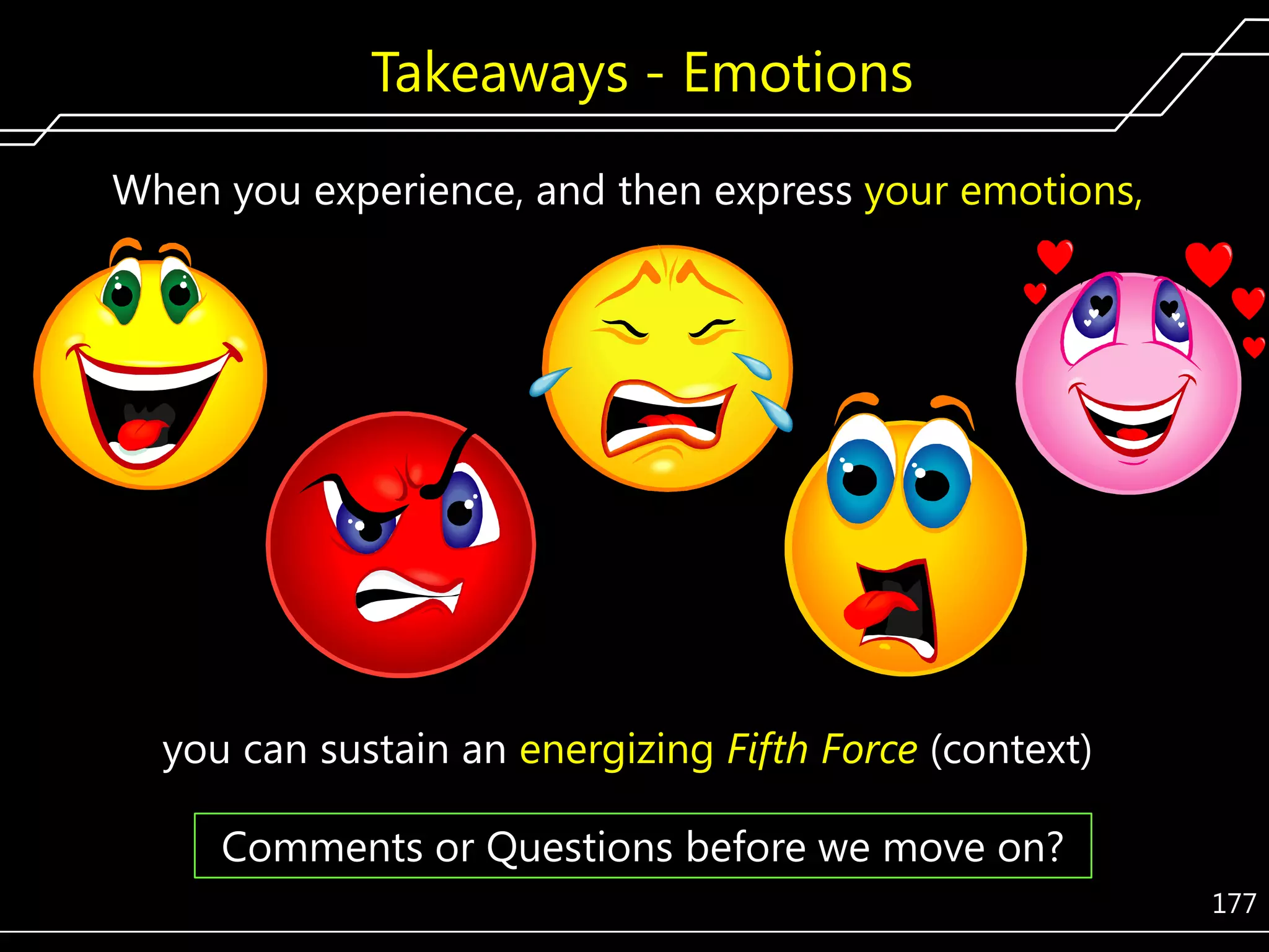 Takeaways - Emotions
When you experience, and then express your emotions,

you can sustain an energizing Fifth Force (context)
Comments or Questions before we move on?
177

 