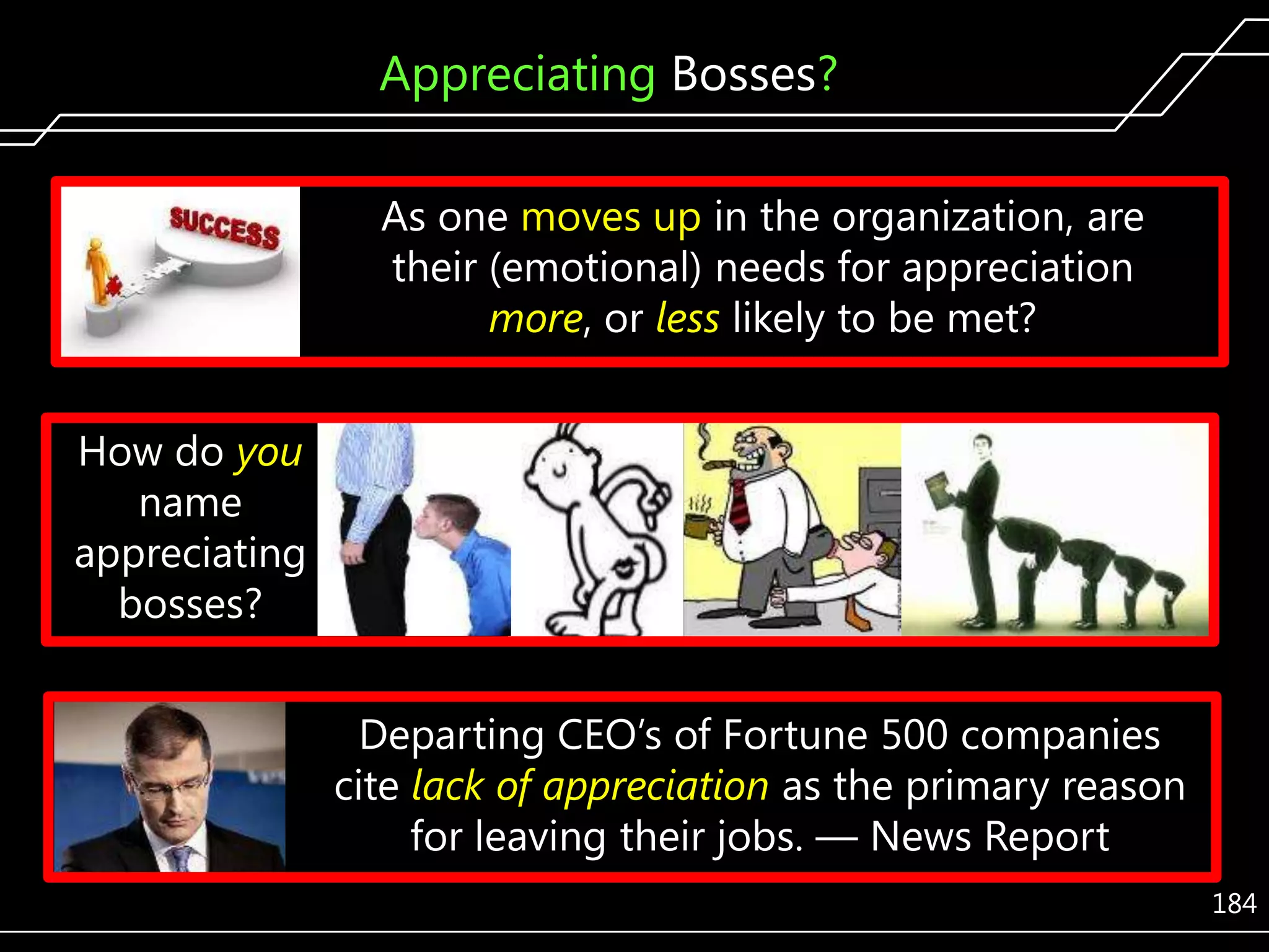 Appreciating Bosses?
As one moves up in the organization, are
their (emotional) needs for appreciation
more, or less likely to be met?

How do you
name
appreciating
bosses?
Departing CEO’s of Fortune 500 companies
cite lack of appreciation as the primary reason
for leaving their jobs. — News Report
184

 