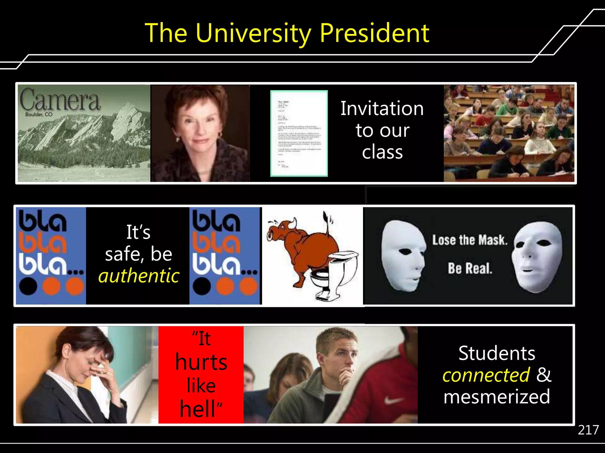The University President
Invitation
to our
class

It’s
safe, be
authentic
―It

hurts
like
hell‖

Students
connected &
mesmerized
217

 