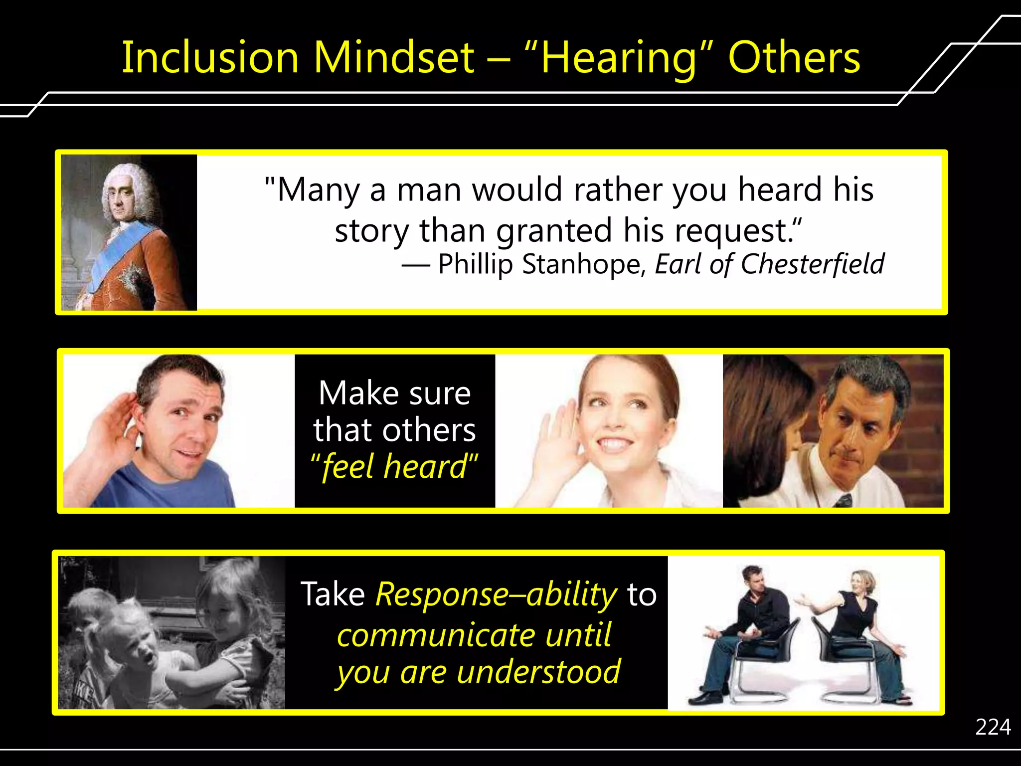 Inclusion Mindset – ―Hearing‖ Others
"Many a man would rather you heard his
story than granted his request.―

— Phillip Stanhope, Earl of Chesterfield

Make sure
that others
―feel heard‖
Take Response–ability to
communicate until
you are understood
224

 