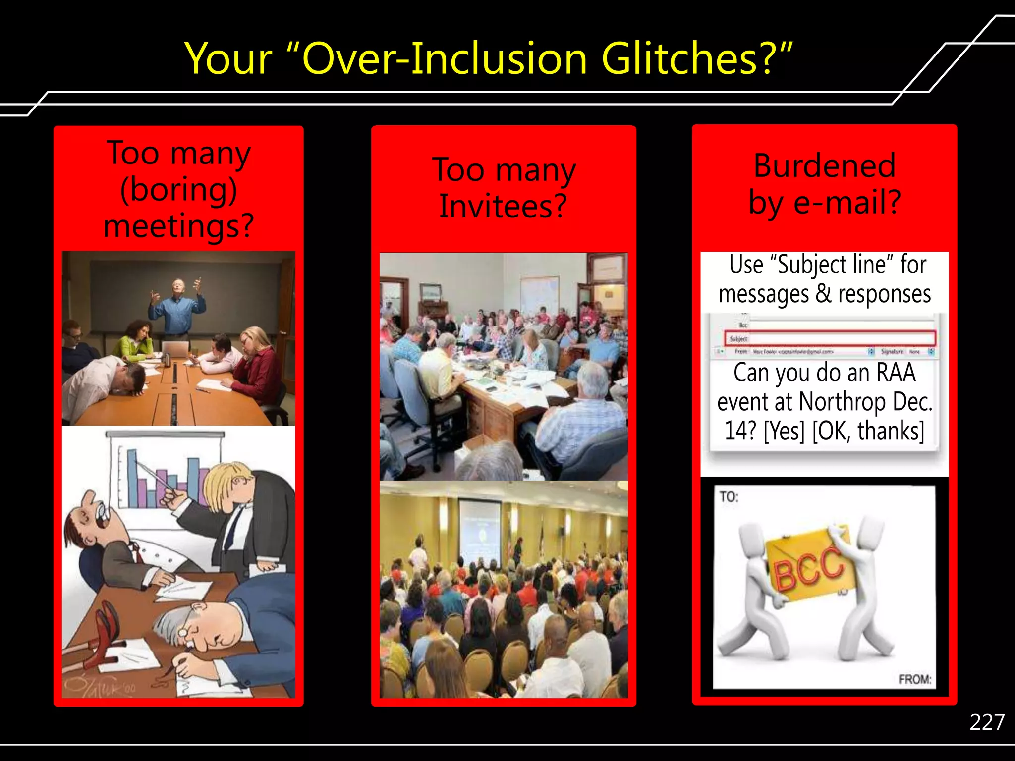Your ―Over-Inclusion Glitches?‖
Too many
(boring)
meetings?

Too many
Invitees?

Burdened
by e-mail?
Use ―Subject line‖ for
messages & responses
Can you do an RAA
event at Northrop Dec.
14? [Yes] [OK, thanks]

227

 