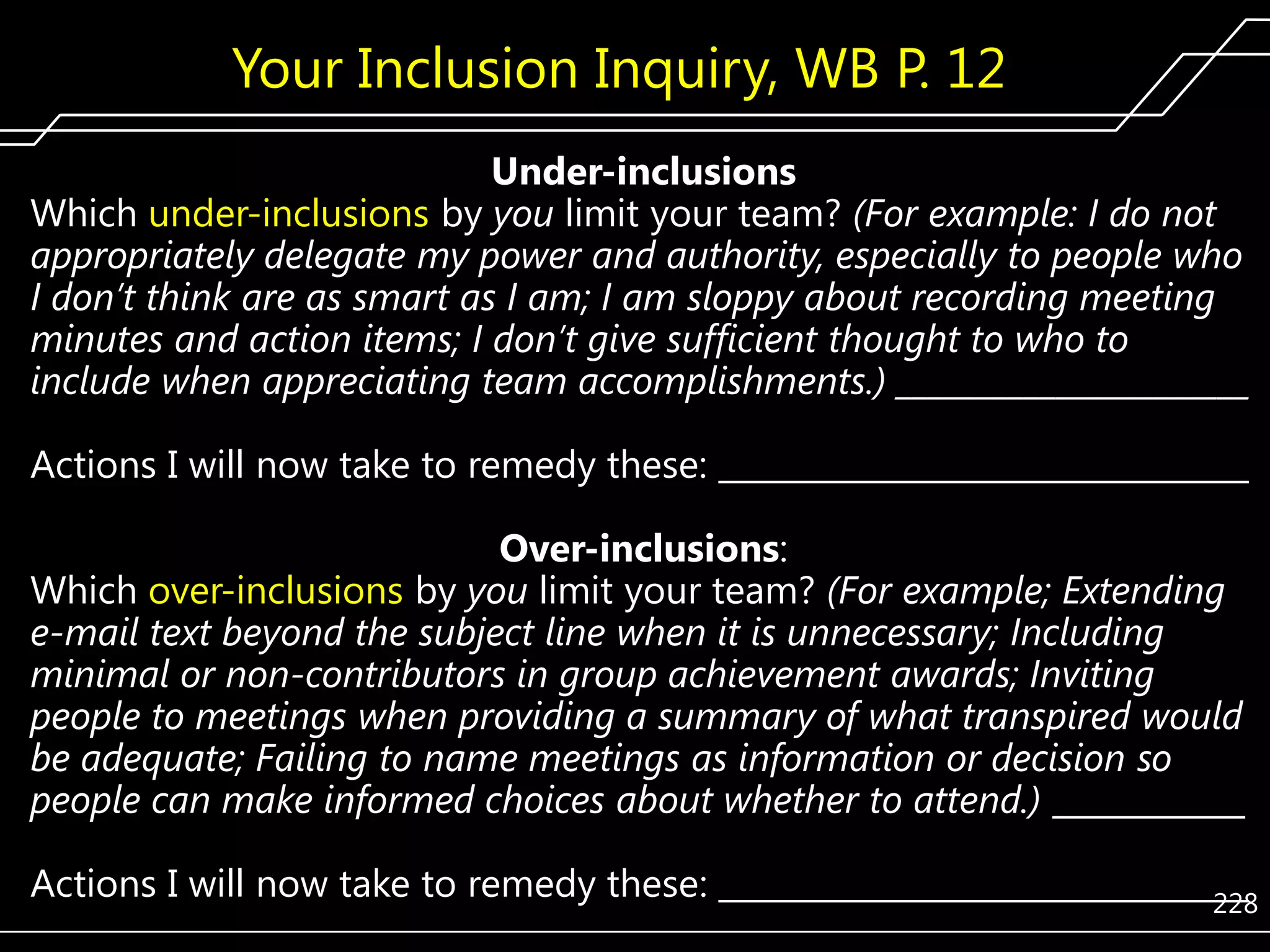 Your Inclusion Inquiry, WB P. 12
Under-inclusions
Which under-inclusions by you limit your team? (For example: I do not
appropriately delegate my power and authority, especially to people who
I don’t think are as smart as I am; I am sloppy about recording meeting
minutes and action items; I don’t give sufficient thought to who to
include when appreciating team accomplishments.) ______________________
Actions I will now take to remedy these: _________________________________

Over-inclusions:
Which over-inclusions by you limit your team? (For example; Extending
e-mail text beyond the subject line when it is unnecessary; Including
minimal or non-contributors in group achievement awards; Inviting
people to meetings when providing a summary of what transpired would
be adequate; Failing to name meetings as information or decision so
people can make informed choices about whether to attend.) ____________
Actions I will now take to remedy these: _________________________________
228

 