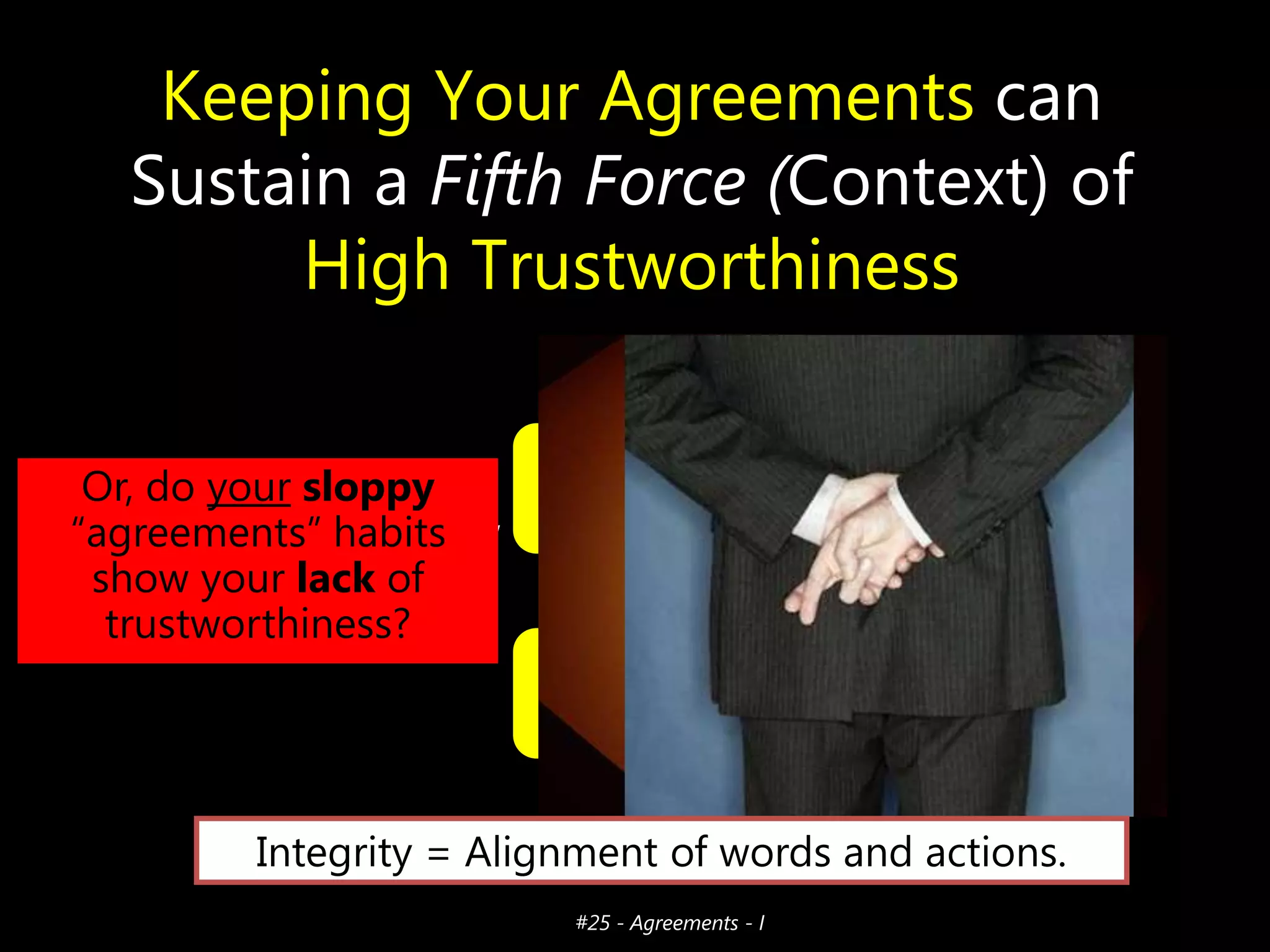Keeping Your Agreements can
Sustain a Fifth Force (Context) of
High Trustworthiness
Or, do your sloppy
Do your rigorous
―agreements‖ habits show
―agreements‖ habits
your trustworthiness?
show your lack of
trustworthiness?

Rigorously
Keeping All
Your Agreements
Context of High
Trustworthiness
& Efficient Work

Integrity = Alignment of words and actions.
#25 - Agreements - I

 