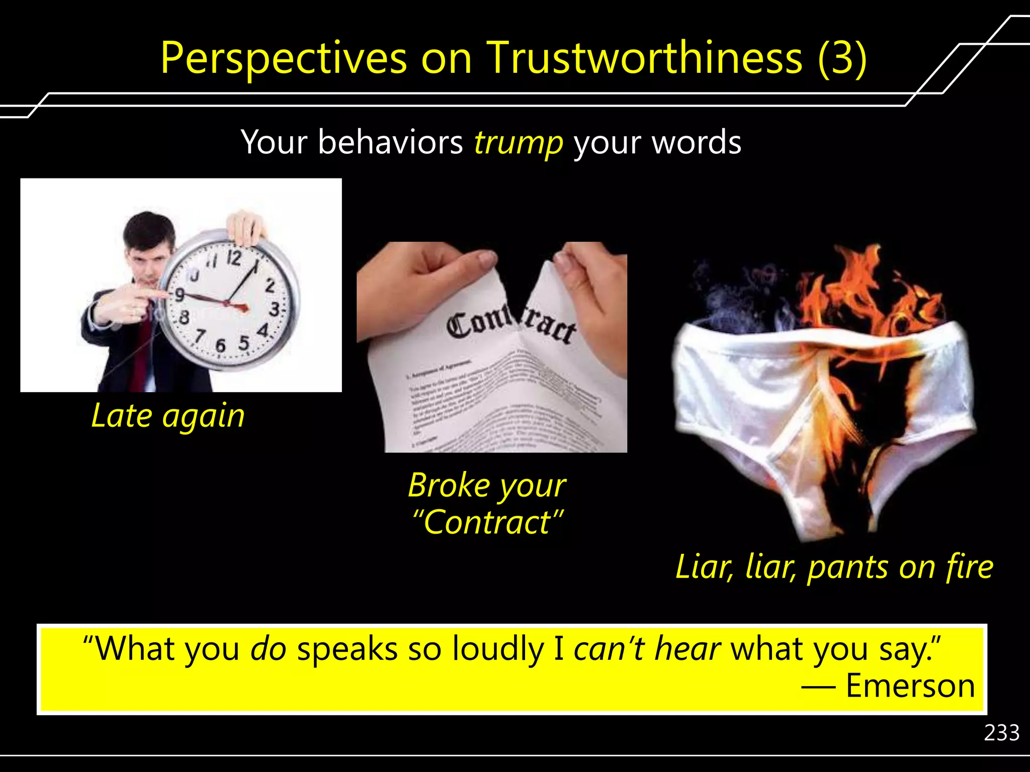 Perspectives on Trustworthiness (3)
Your behaviors trump your words

Late again
Broke your
“Contract”
Liar, liar, pants on fire
―What you do speaks so loudly I can’t hear what you say.‖
— Emerson
233

 