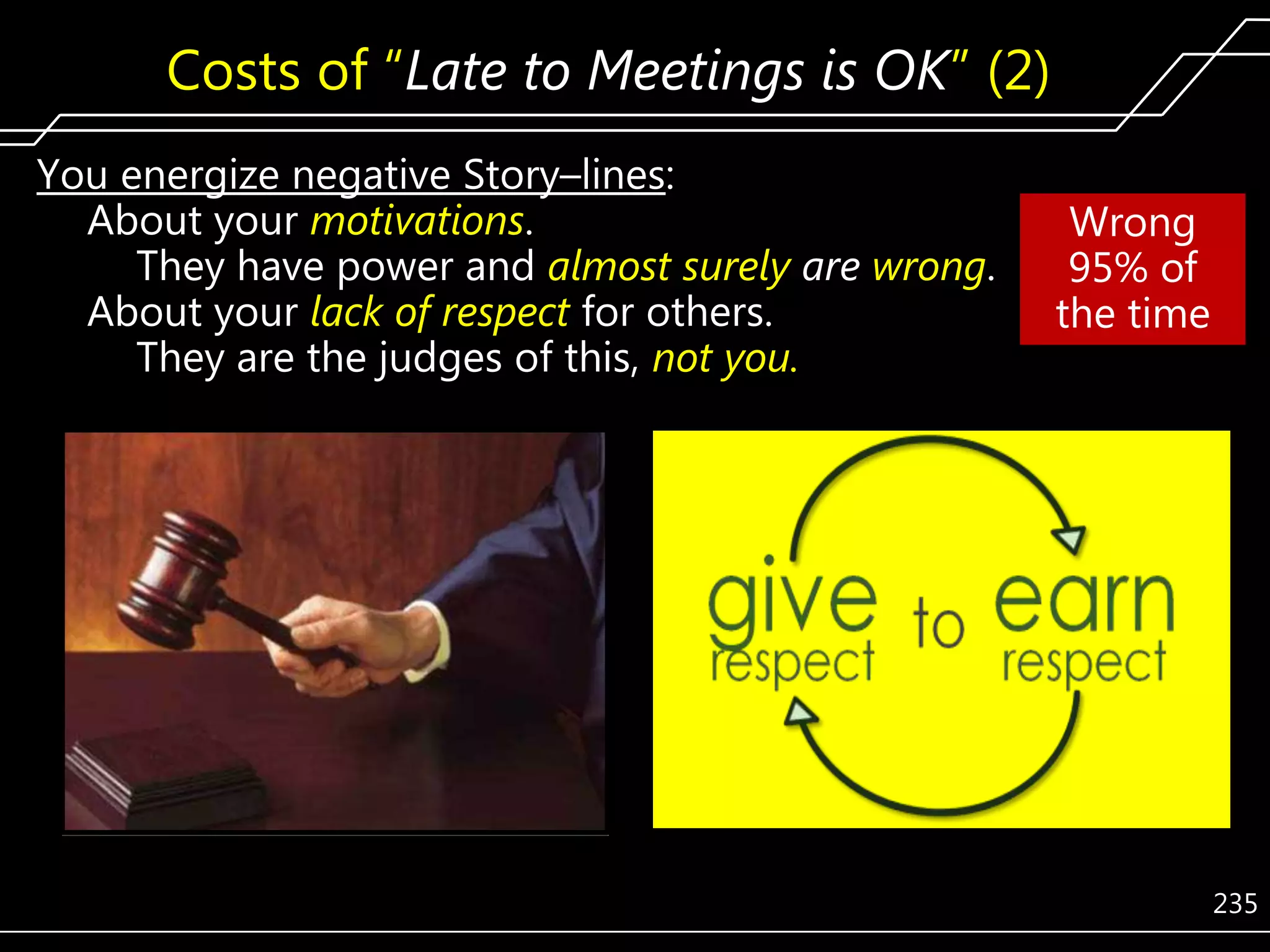Costs of ―Late to Meetings is OK‖ (2)
You energize negative Story–lines:
About your motivations.
They have power and almost surely are wrong.
About your lack of respect for others.
They are the judges of this, not you.

Wrong
95% of
the time

235

 