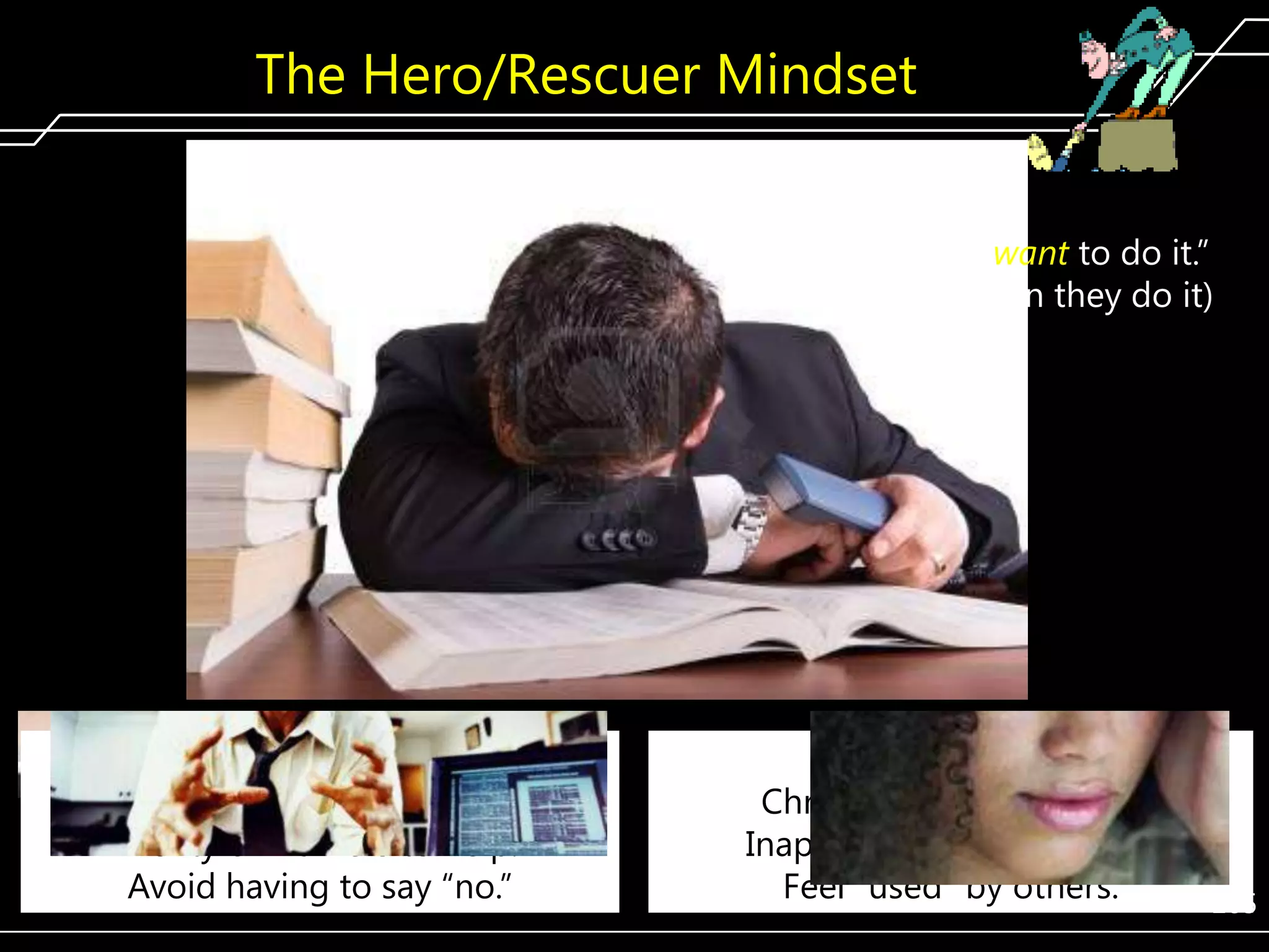 The Hero/Rescuer Mindset
Emotions
Emotions

Love–group
(e.g. yearning for
approval/validation).

Exhausted
feel used and move
to blamer.

Benefits:
Get to feel needed.
Plenty of Blamers to help.
Avoid having to say ―no.‖

Thoughts
Thoughts

―I want to do it.‖
(Then they do it)
“I should not have
done it…”

Costs:
Chronic overwork stress.
Inappropriate relationship.
Feel ―used‖ by others.

285

 