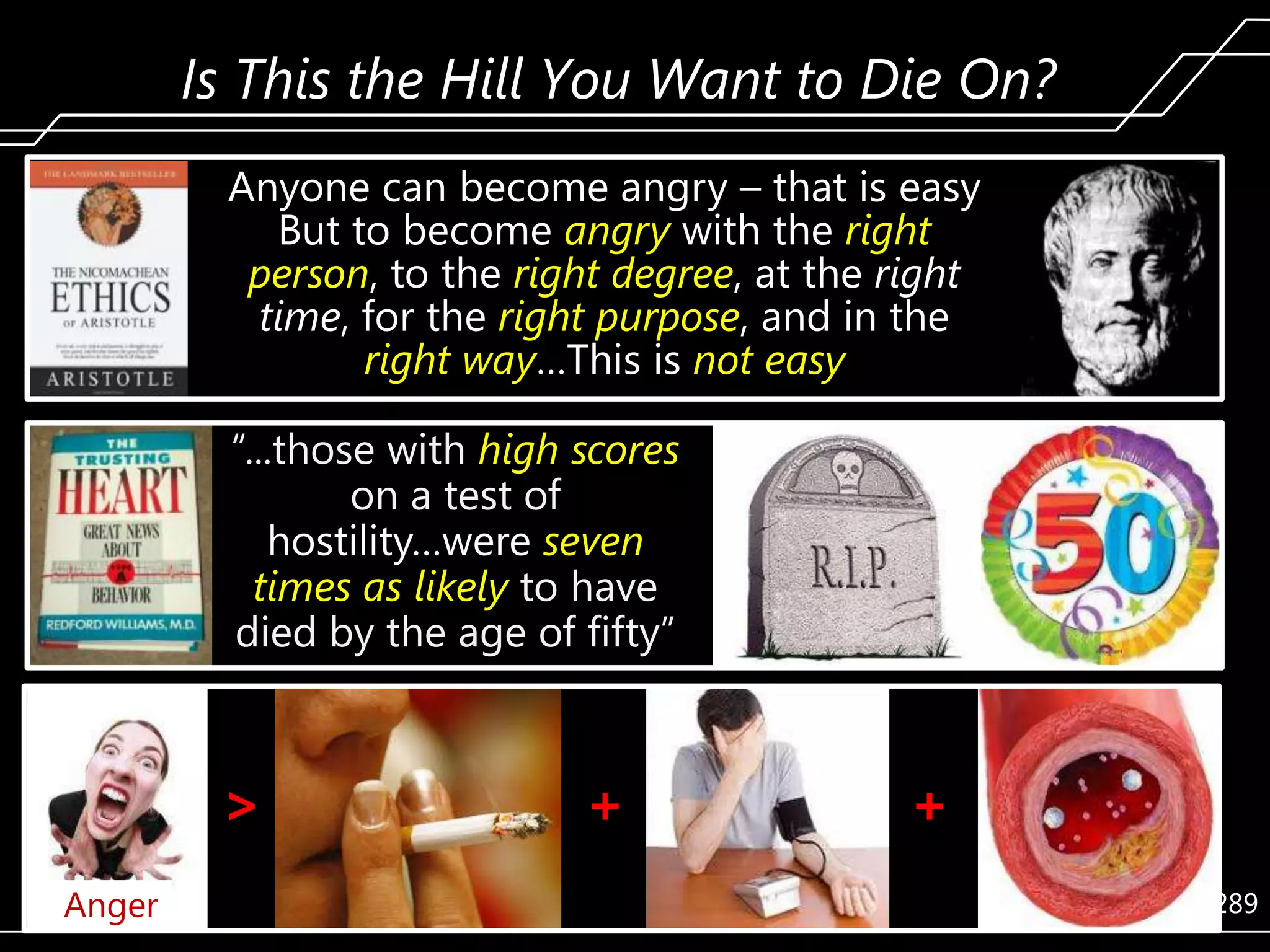 Is This the Hill You Want to Die On?
Anyone can become angry – that is easy
But to become angry with the right
person, to the right degree, at the right
time, for the right purpose, and in the
right way…This is not easy
―...those with high scores
on a test of
hostility…were seven
times as likely to have
died by the age of fifty‖

>
Anger

+

+
289

 
