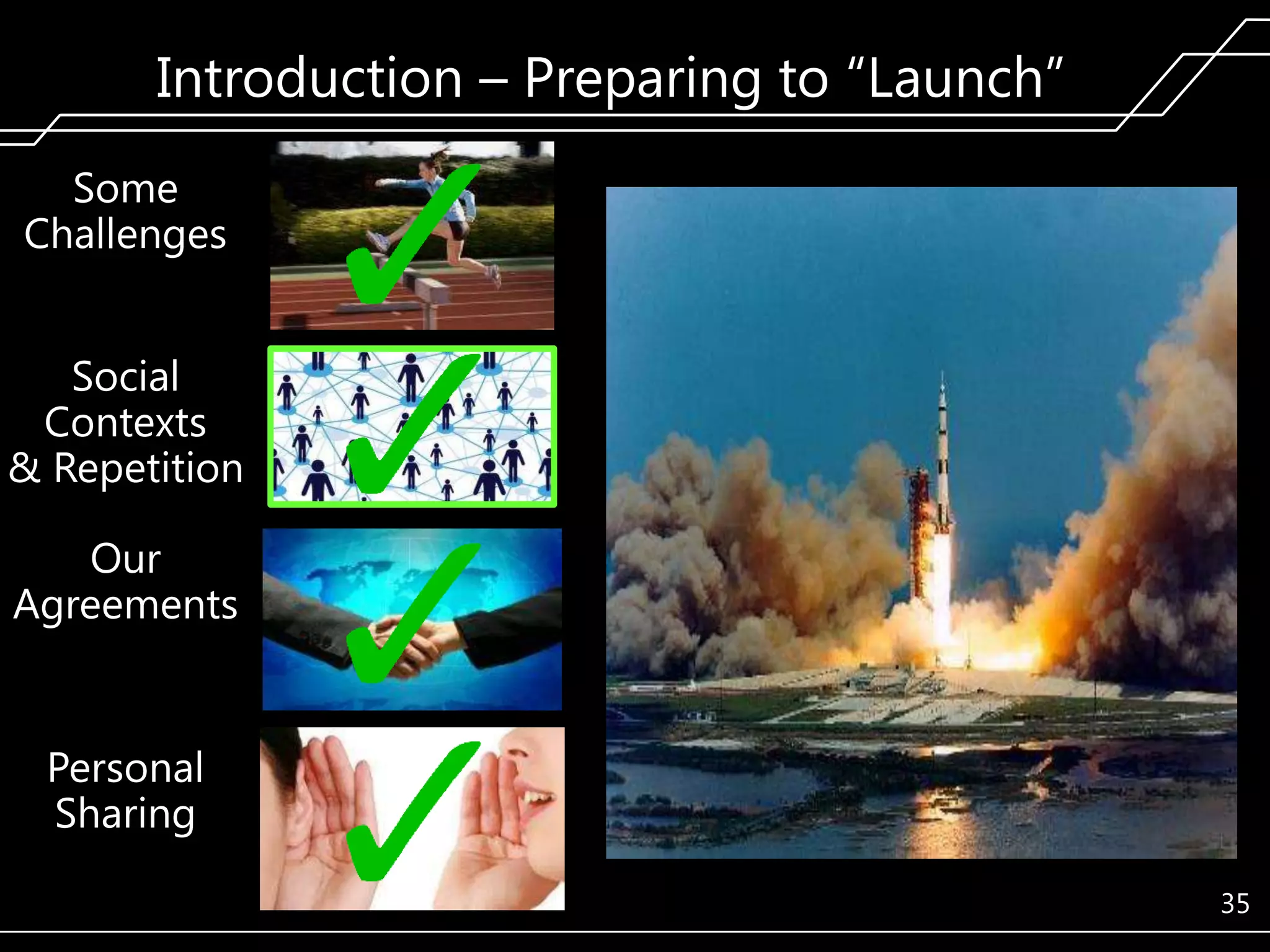 Introduction – Preparing to ―Launch‖
Some
Challenges
Social
Contexts
& Repetition
Our
Agreements

Personal
Sharing
35

 