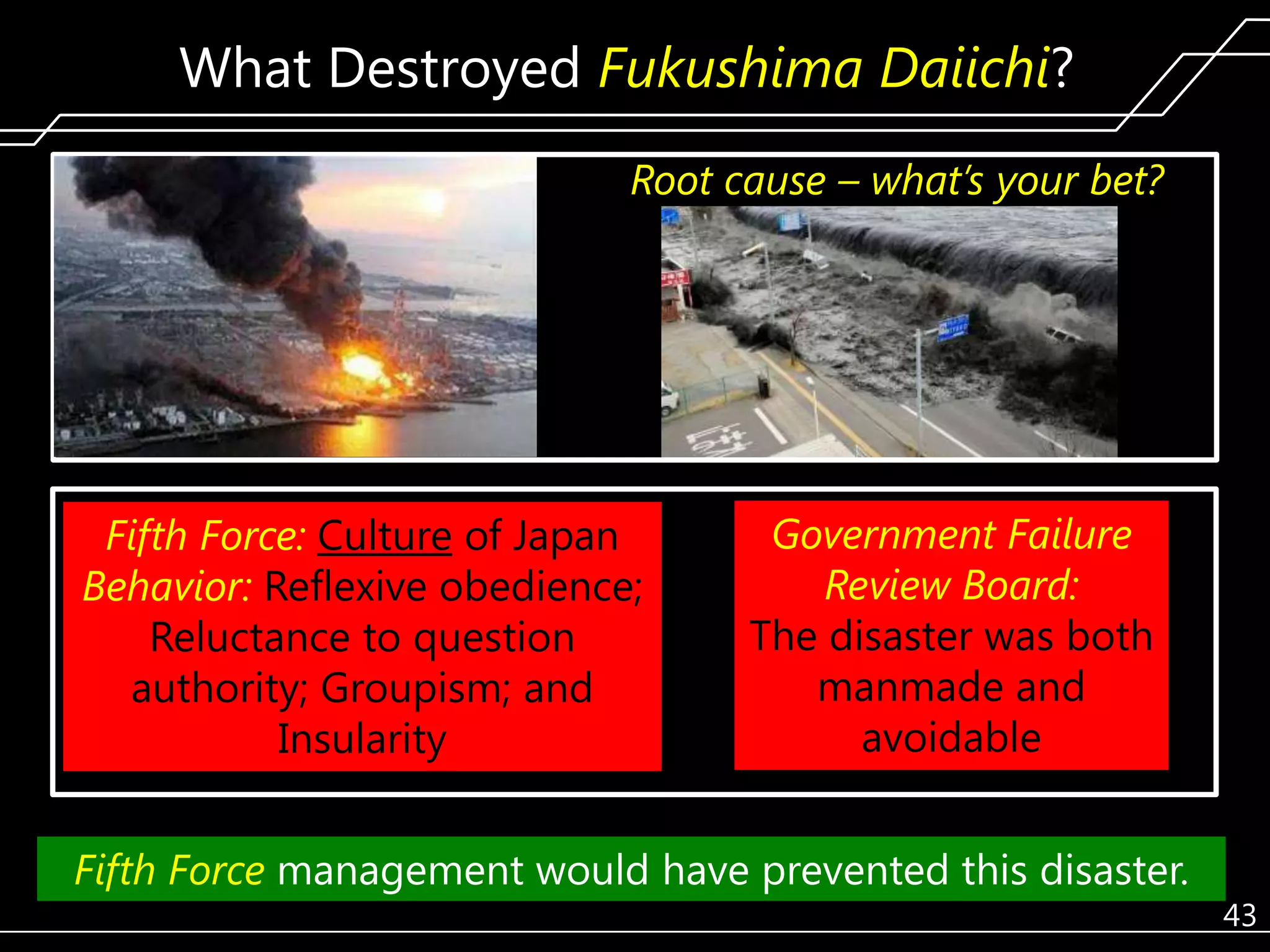 What Destroyed Fukushima Daiichi?
Root cause – what’s your bet?

Fifth Force: Culture of Japan
Behavior: Reflexive obedience;
Reluctance to question
authority; Groupism; and
Insularity

Government Failure
Review Board:
The disaster was both
manmade and
avoidable

Fifth Force management would have prevented this disaster.

43

 