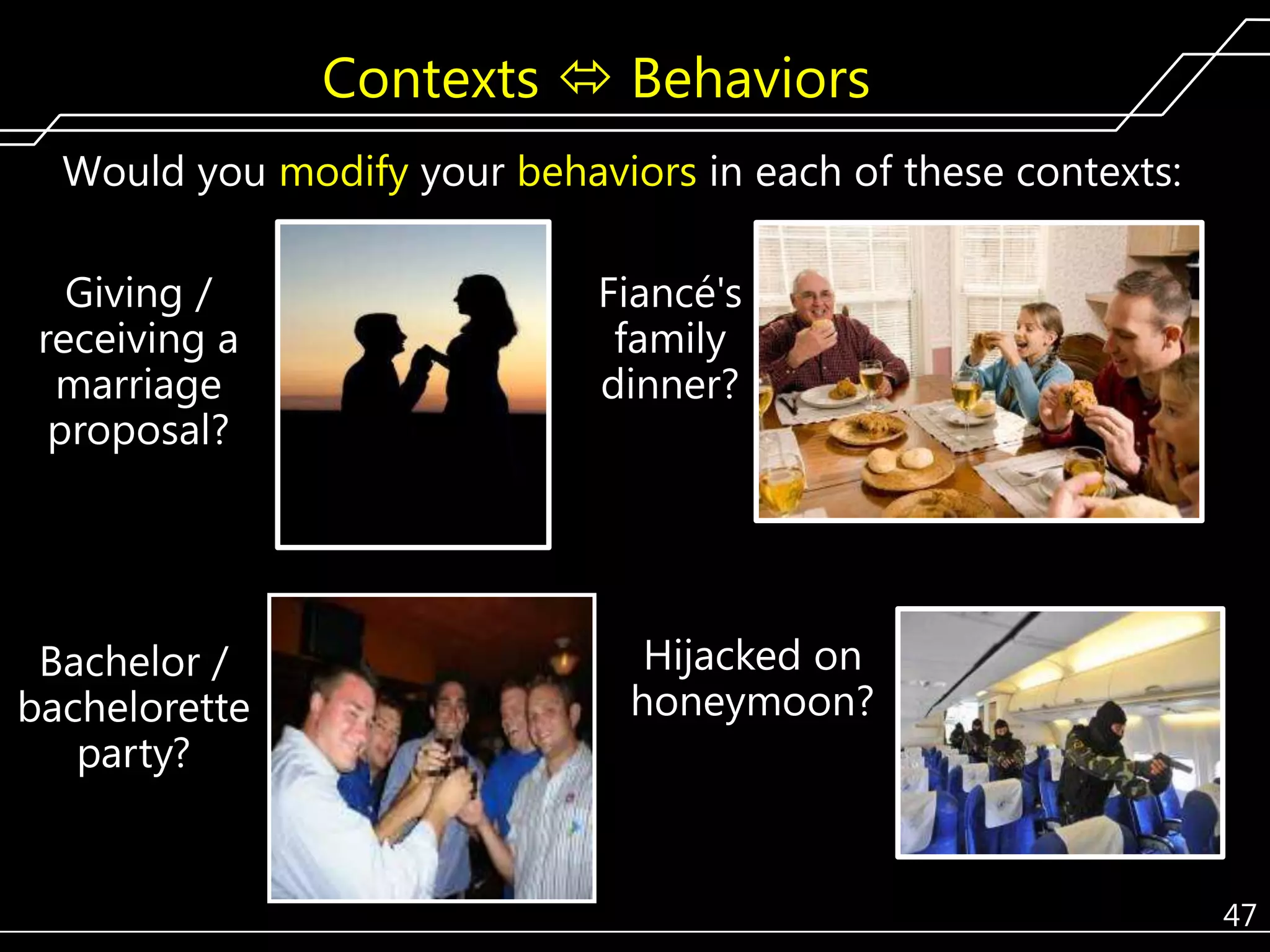 Contexts  Behaviors
Would you modify your behaviors in each of these contexts:
Giving /
receiving a
marriage
proposal?

Bachelor /
bachelorette
party?

Fiancé's
family
dinner?

Hijacked on
honeymoon?

47

 