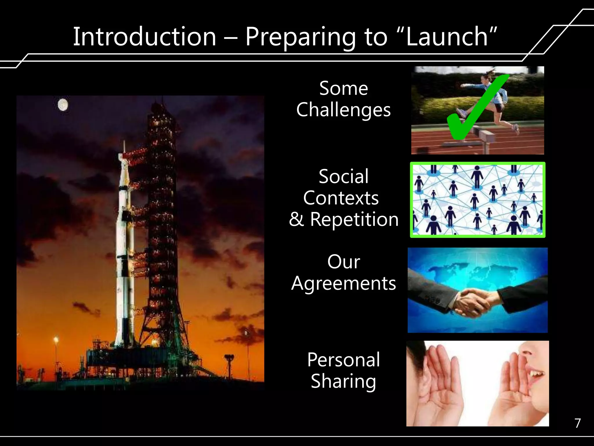 Introduction – Preparing to ―Launch‖
Some
Challenges
Social
Contexts
& Repetition
Our
Agreements

Personal
Sharing
7

 