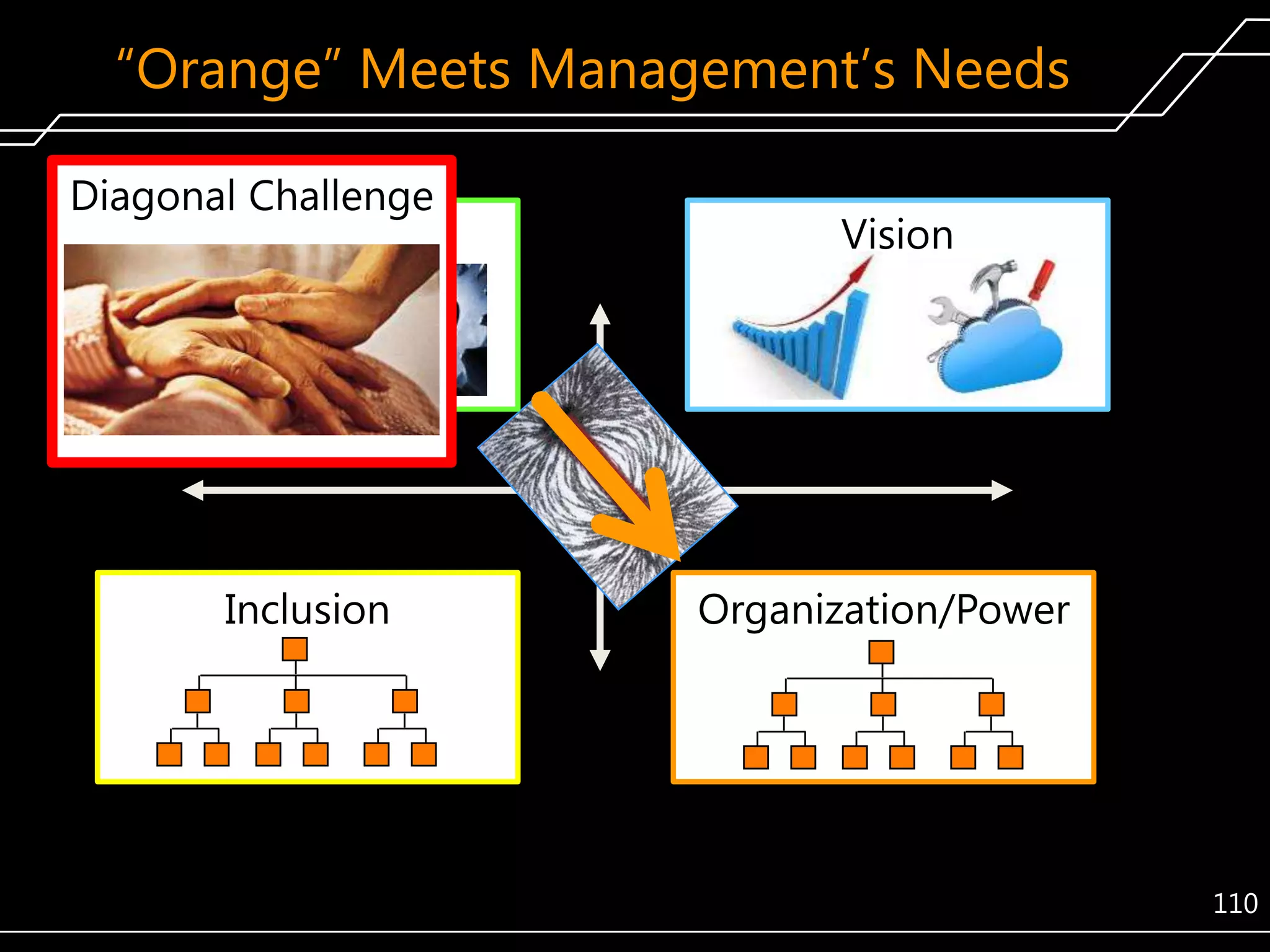 ―Orange‖ Meets Management’s Needs
Diagonal Challenge
Values

Inclusion

Vision

Organization/Power

110

 