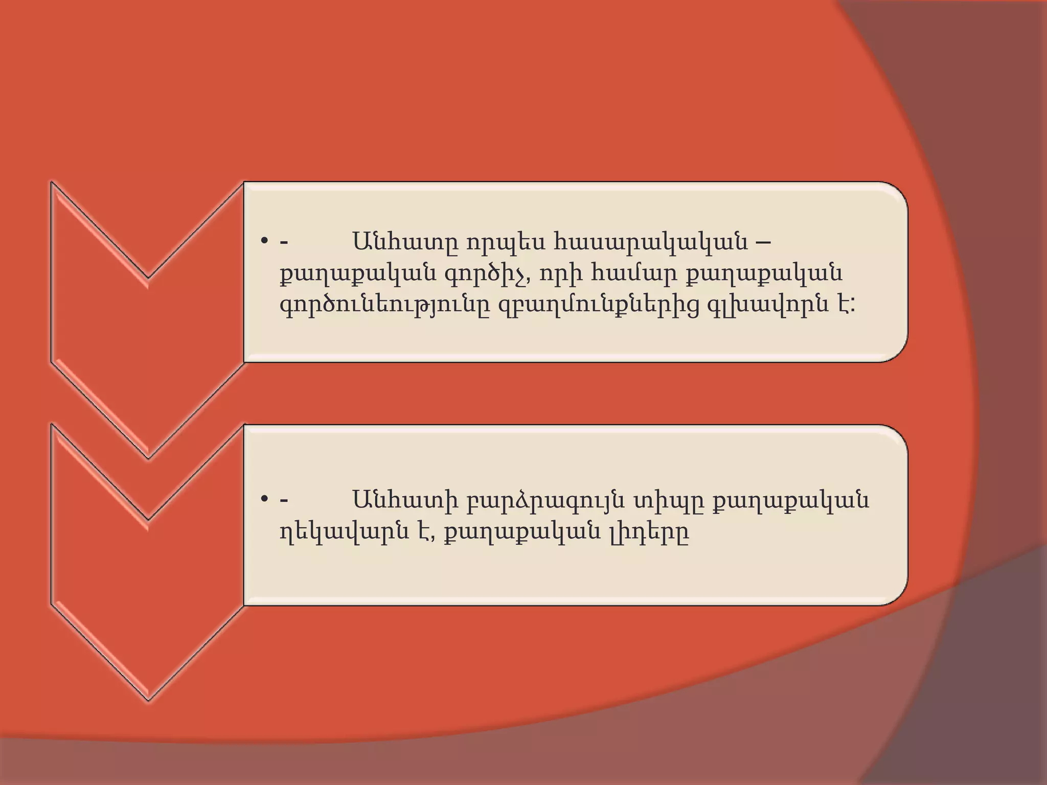 • -    Անհատը որպես հասարակական –
  քաղաքական գործիչ, որի համար քաղաքական
  գործունեությունը զբաղմունքներից գլխավորն է:




• -   Անհատի բարձրագույն տիպը քաղաքական
  ղեկավարն է, քաղաքական լիդերը
 