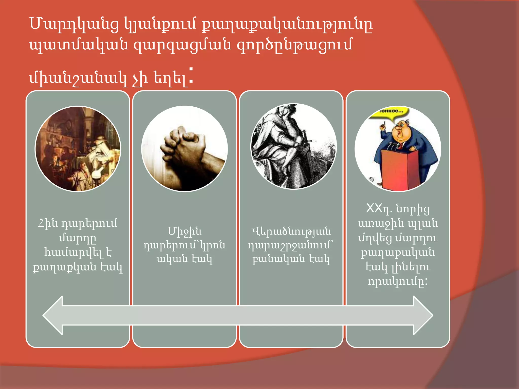 Մարդկանց կյանքում քաղաքականությունը
պատմական զարգացման գործընթացում
միանշանակ չի եղել     :



                                                 XXդ. նորից
 Հին դարերում                                   առաջին պլան
                   Միջին        Վերածնության
    մարդը                                       մղվեց մարդու
                դարերում`կրոն   դարաշրջանում`
  համարվել է                                    քաղաքական
                  ական էակ       բանական էակ
քաղաքկան էակ                                     էակ լինելու
                                                 որակումը:
 