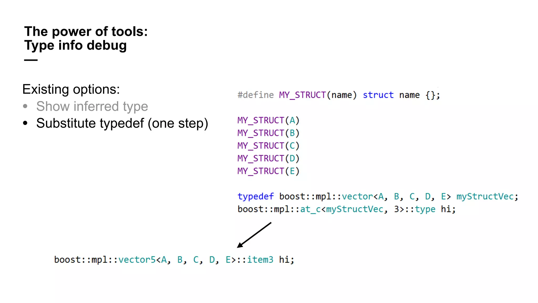 The power of tools:
Type info debug
—
Existing options:
• Show inferred type
• Substitute typedef (one step)
 