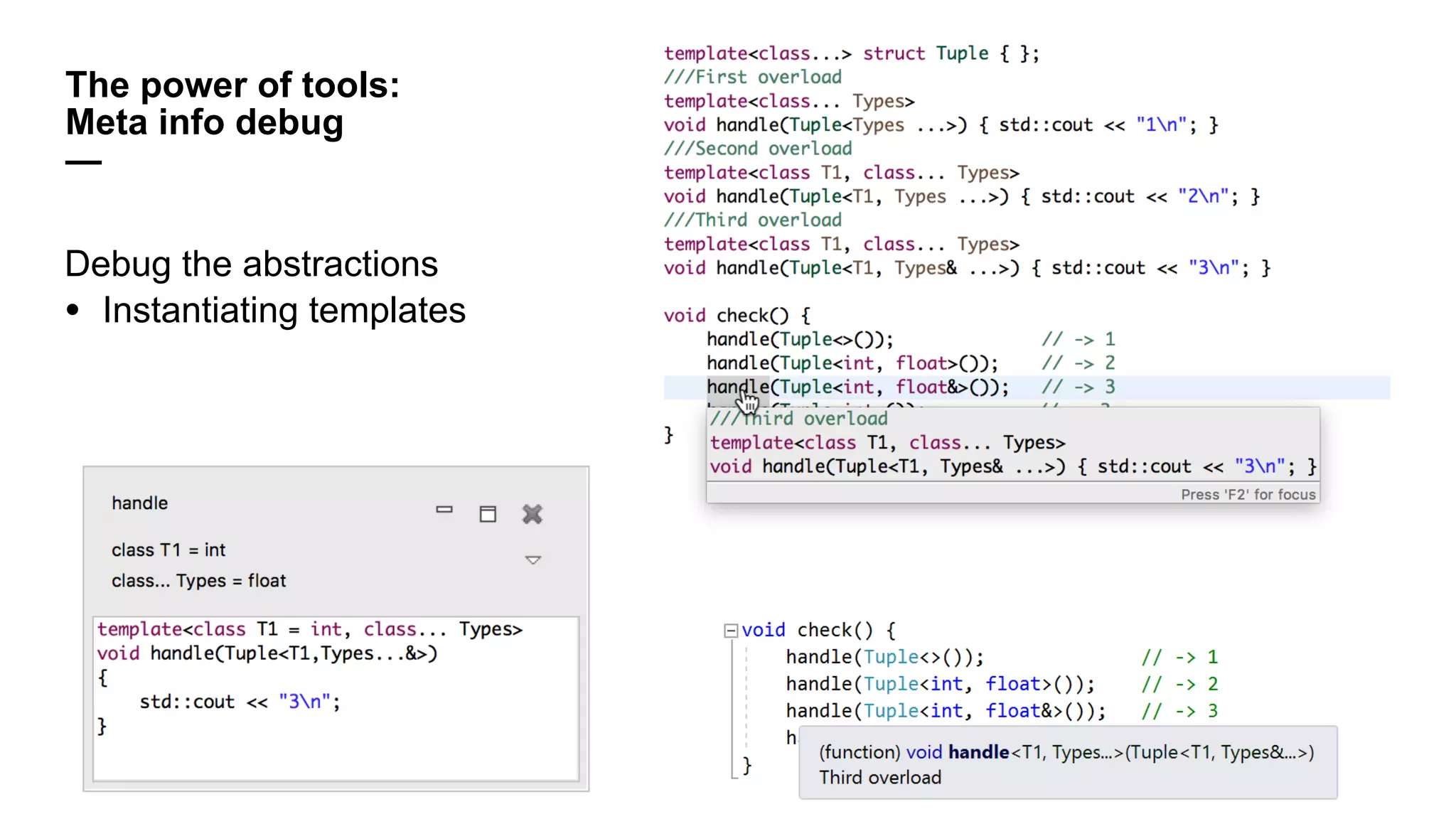 The power of tools:
Meta info debug
—
Debug the abstractions
• Instantiating templates
 
