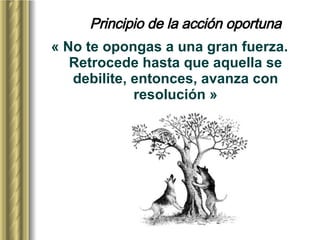 Principio de la acción oportuna « No te opongas a una gran fuerza. Retrocede hasta que aquella se debilite, entonces, avanza con resolución » 