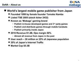 5
DeNA – About us
 World’s largest mobile game publisher from Japan
Founded 1999 by female founder Tomoko Namba
Listed TSE 2005 (stock ticker 2432)
Known as ‘Mobage’ gaming brand
– Publish in-house developed games and 3rd
party games
– Publish and distribute games through mobile handsets
– Publish primarily inside Japan
2010 Revenue $1.4B, Ops margin 50%
– Almost all revenue from Japan in the past
User reach – 30 million or 25% of Japanese population
20% of Japan’s Internet Traffic
Market Cap $5.3B
 