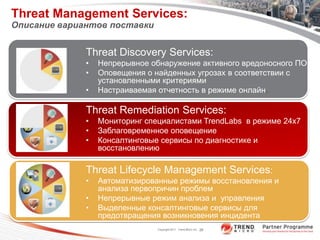 Threat Management Services:
Описание вариантов поставки


              Threat Discovery Services:
              •   Непрерывное обнаружение активного вредоносного ПО
              •   Оповещения о найденных угрозах в соответствии с
                  установленными критериями
              •   Настраиваемая отчетность в режиме онлайн.

              Threat Remediation Services:
              •   Мониторинг специалистами TrendLabs в режиме 24x7
              •   Заблаговременное оповещение
              •   Консалтинговые сервисы по диагностике и
                  восстановлению

              Threat Lifecycle Management Services:
              •   Автоматизированные режимы восстановления и
                  анализа первопричин проблем
              •   Непрерывные режим анализа и управления
              •   Выделенные консалтинговые сервисы для
                  предотвращения возникновения инцидента
                                Copyright 2011 Trend Micro Inc.   26
 