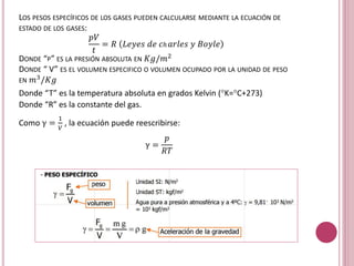 LOS PESOS ESPECÍFICOS DE LOS GASES PUEDEN CALCULARSE MEDIANTE LA ECUACIÓN DE
ESTADO DE LOS GASES:
𝑝𝑉
𝑡
= 𝑅 𝐿𝑒𝑦𝑒𝑠 𝑑𝑒 𝑐ℎ 𝑎𝑟𝑙𝑒𝑠 𝑦 𝐵𝑜𝑦𝑙𝑒
DONDE “P” ES LA PRESIÓN ABSOLUTA EN 𝐾𝑔/𝑚2
DONDE “ V” ES EL VOLUMEN ESPECIFICO O VOLUMEN OCUPADO POR LA UNIDAD DE PESO
EN 𝑚3/𝐾𝑔
Donde “T” es la temperatura absoluta en grados Kelvin (°K=°C+273)
Donde “R” es la constante del gas.
Como γ =
1
𝑉
, la ecuación puede reescribirse:
γ =
𝑝
𝑅𝑇
 