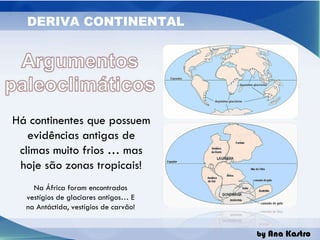 Há continentes que possuem evidências antigas de climas muito frios … mas hoje são zonas tropicais! Na África foram encontrados vestígios de glaciares antigos… E na Antáctida, vestígios de carvão! 