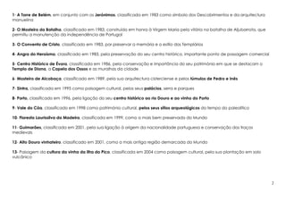 1- A Torre de Belém, em conjunto com os Jerónimos, classificada em 1983 como símbolo dos Descobrimentos e da arquitectura
manuelina

2- O Mosteiro da Batalha, classificado em 1983, construído em honra à Virgem Maria pela vitória na batalha de Aljubarrota, que
permitiu a manutenção da independência de Portugal

3- O Convento de Cristo, classificado em 1983, por preservar a memória e o estilo dos Templários

4- Angra do Heroísmo, classificado em 1983, pela preservação do seu centro histórico, importante ponto de passagem comercial

5- Centro Histórico de Évora, classificada em 1986, pela conservação e importância do seu património em que se destacam o
Templo de Diana, a Capela dos Ossos e as muralhas da cidade

6- Mosteiro de Alcobaça, classificado em 1989, pela sua arquitectura cisterciense e pelos túmulos de Pedro e Inês

7- Sintra, classificada em 1995 como paisagem cultural, pelos seus palácios, serra e parques

8- Porto, classificado em 1996, pela ligação do seu centro histórico ao rio Douro e ao vinho do Porto

9- Vale do Côa, classificado em 1998 como património cultural, pelos seus sítios arqueológicos do tempo do paleolítico

10- Floresta Laurissilva da Madeira, classificada em 1999, como a mais bem preservada do Mundo

11- Guimarães, classificada em 2001, pela sua ligação à origem da nacionalidade portuguesa e conservação dos traços
medievais

12- Alto Douro vinhateiro, classificado em 2001, como a mais antiga região demarcada do Mundo

13- Paisagem da cultura da vinha da ilha do Pico, classificada em 2004 como paisagem cultural, pela sua plantação em solo
vulcânico




                                                                                                                                 2
 