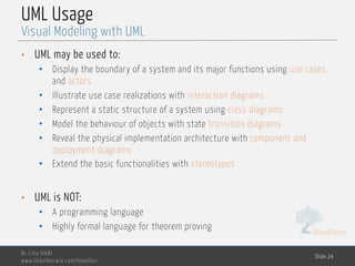 MedTech
UML Usage
• UML may be used to:
• Display the boundary of a system and its major functions using use cases
and actors
• Illustrate use case realizations with interaction diagrams
• Represent a static structure of a system using class diagrams
• Model the behaviour of objects with state transition diagrams
• Reveal the physical implementation architecture with component and
deployment diagrams
• Extend the basic functionalities with stereotypes
• UML is NOT:
• A programming language
• Highly formal language for theorem proving
Dr. Lilia SFAXI
www.liliasfaxi.wix.com/liliasfaxi
Slide 24
Visual Modeling with UML
 