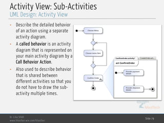MedTech
Activity View: Sub-Activities
• Describe the detailed behavior
of an action using a separate
activity diagram.
• A called behavior is an activity
diagram that is represented on
your main activity diagram by a
Call Behavior Action.
• Also used to describe behavior
that is shared between
different activities so that you
do not have to draw the sub-
activity multiple times.
Dr. Lilia SFAXI
www.liliasfaxi.wix.com/liliasfaxi
Slide 79
UML Design: Activity View
 