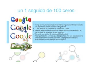 un 1 seguido de 100 ceros

       Surge como una necesidad universitaria: organizar archivos mediante
       un algoritmo que se hizo famoso: Page Rank
       1 año después se convierte en Google Inc. (1998)
       Google publica información sobre nuevos productos en su blog y no
       tiene miedo de la opinión de sus usuarios
       Fomenta una actitud de responsabilidad vertical
       Gran parte de los servicios que Google ofrece hoy son resultado de la
       interacción continua con sus clientes. La página de inicio de su
       buscador es un claro ejemplo: sólo busque!!!
 