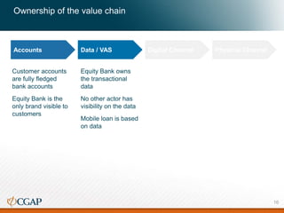 Ownership of the value chain
Accounts Data / VAS Digital Channel Physical Channel
Customer accounts
are fully fledged
bank accounts
Equity Bank is the
only brand visible to
customers
Equity Bank owns
the transactional
data
No other actor has
visibility on the data
Mobile loan is based
on data
16
 