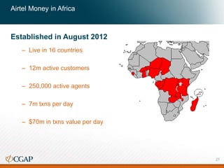 Airtel Money in Africa
Established in August 2012
– Live in 16 countries
– 12m active customers
– 250,000 active agents
– 7m txns per day
– $70m in txns value per day
27
 