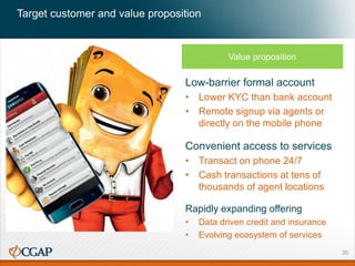 Target customer and value proposition
Value proposition
Low-barrier formal account
• Lower KYC than bank account
• Remote signup via agents or
directly on the mobile phone
Convenient access to services
• Transact on phone 24/7
• Cash transactions at tens of
thousands of agent locations
Rapidly expanding offering
• Data driven credit and insurance
• Evolving ecosystem of services
30
 