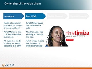Ownership of the value chain
Accounts Data / VAS Digital Channel Physical Channel
Hosts all customer
accounts on its own
e-money platform
Airtel Money is the
only brand visible to
customers
All customer funds
are held in pooled
accounts at a bank
Airtel Money owns
the transactional
data
No other actor has
visibility on most of
the data
Airtel Timiza mobile
loan is based on
transactional data
33
 