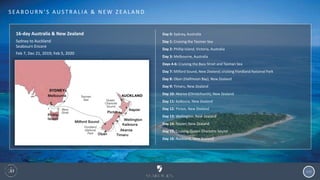 115
S EA B O U R N ’ S A U S T R A L I A & N E W Z EA L A N D
16-day Australia & New Zealand
Sydney to Auckland
Seabourn Encore
Feb 7, Dec 21, 2019; Feb 5, 2020
Day 0: Sydney, Australia
Day 1: Cruising the Tasman Sea
Day 2: Phillip Island, Victoria, Australia
Day 3: Melbourne, Australia
Days 4-6: Cruising the Bass Strait and Tasman Sea
Day 7: Milford Sound, New Zealand; cruising Fiordland National Park
Day 8: Oban (Halfmoon Bay), New Zealand
Day 9: Timaru, New Zealand
Day 10: Akaroa (Christchurch), New Zealand
Day 11: Kaikoura, New Zealand
Day 12: Picton, New Zealand
Day 13: Wellington, New Zealand
Day 14: Napier, New Zealand
Day 15: Cruising Queen Charlotte Sound
Day 16: Auckland, New Zealand
 