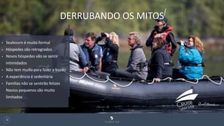 DERRUBANDO OS MITOS
129
• Seabourn é muito formal
• Hóspedes são retrogrados
• Novos hóspedes vão se sentir
intimidados
• Não tem muito para fazer a bordo
• A experiência é sedentária
• Famílias não se sentirão felizes
Navios pequenos são muito
limitados
 
